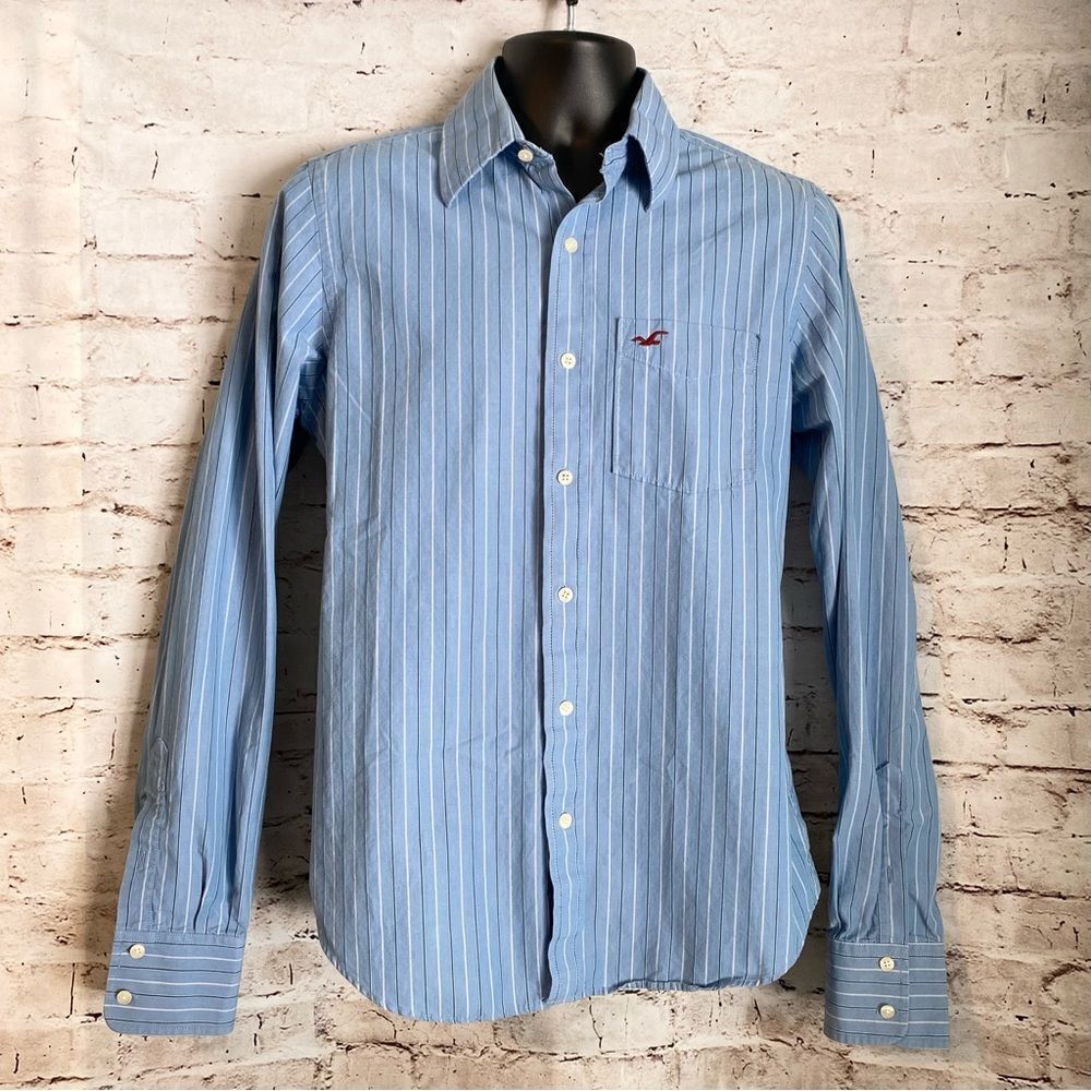Hollister Long Sleeve Button Down Shirt Blue White Stripe Size Medium Y2K 90’s